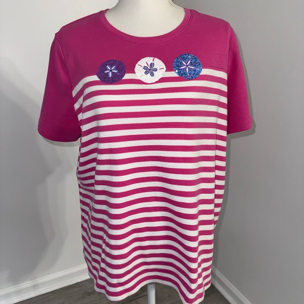 Kim Rogers Womens L Pink‎ White Striped Sand Dollar Tee Coastal Top